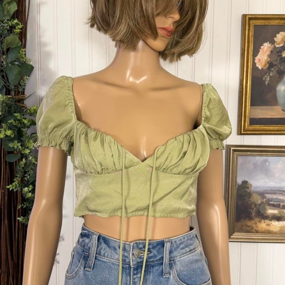 Sage‎ Green Puff Sleeve Cottagecore Crop Top Size XL